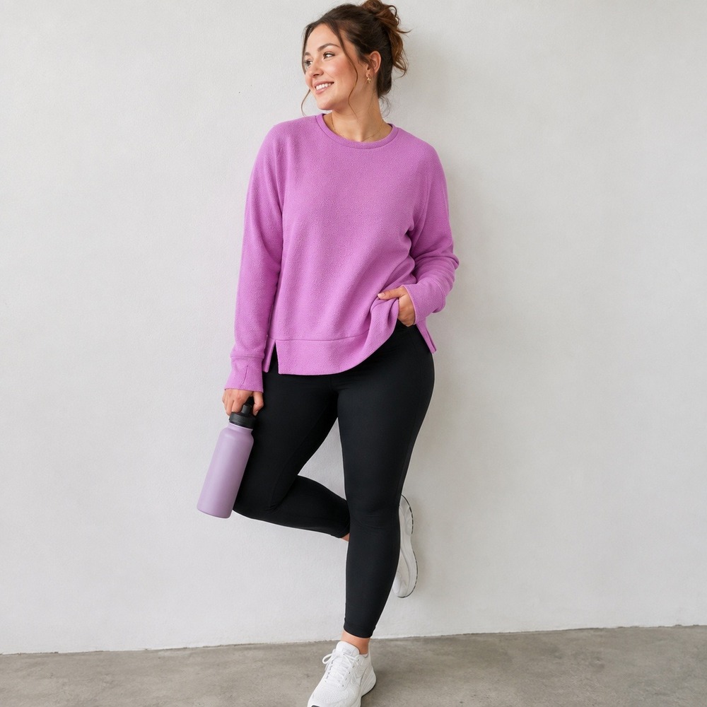 Nine West Active Womens Textured Pullover Sweatshirt Pink Thumbholes Large NEW
